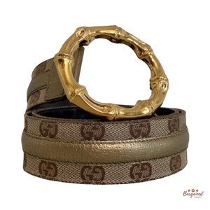 Auth Gucci Monogram Canvas Gold Metallic Leather Bamboo Metal Buckle Belt 88/34